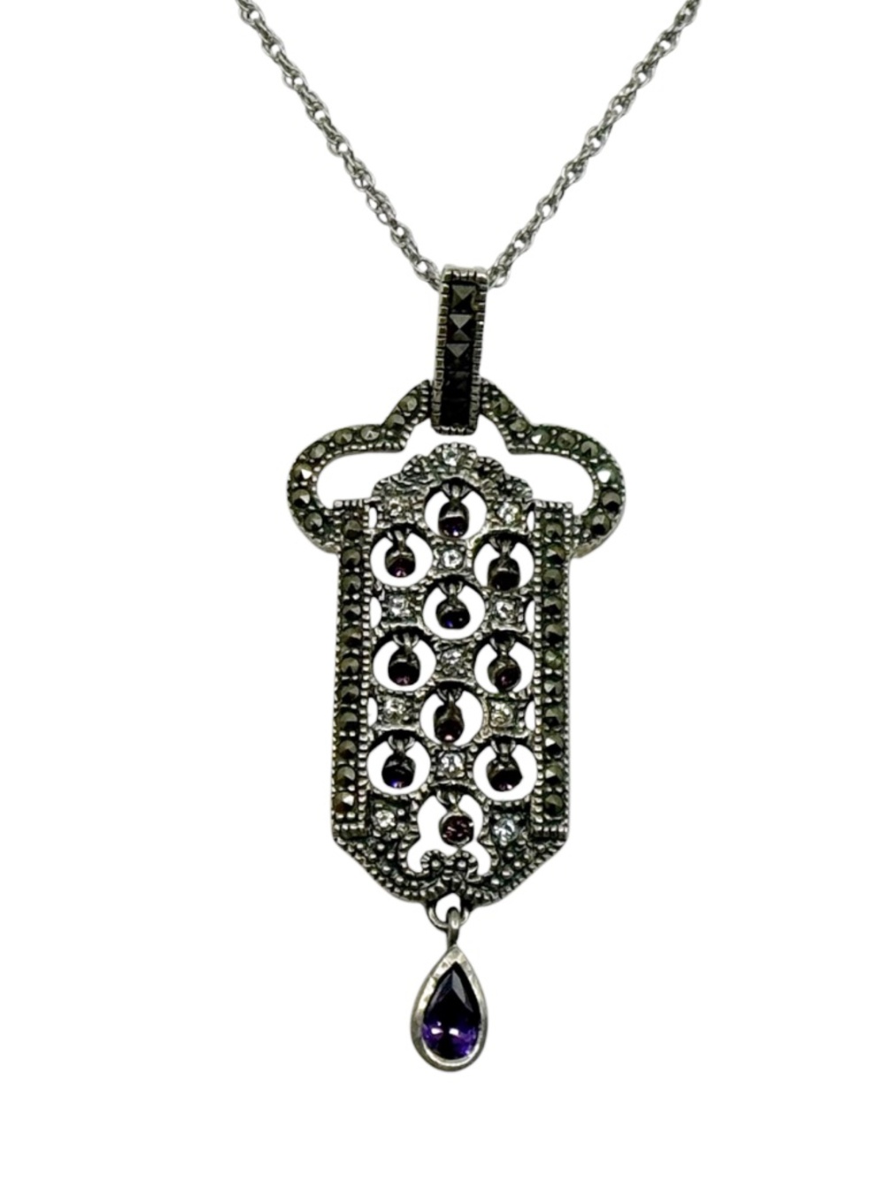 Vintage sterling silver marcasite & crystal pendant - GM294 - Picture 3 of 4